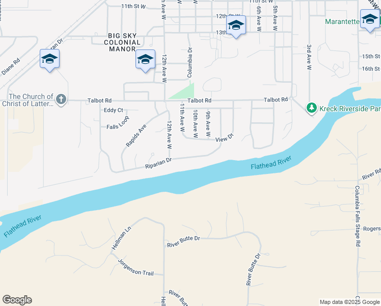 map of restaurants, bars, coffee shops, grocery stores, and more near 1150 Riparian Drive in Columbia Falls