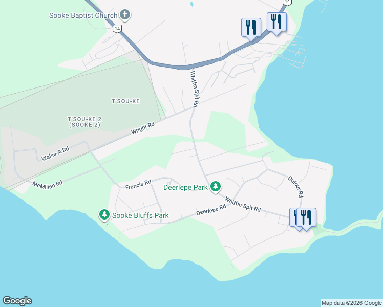 map of restaurants, bars, coffee shops, grocery stores, and more near 1704 Whiffin Spit Road in Sooke
