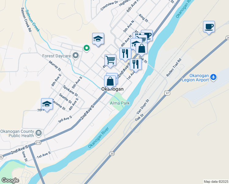 map of restaurants, bars, coffee shops, grocery stores, and more near in Okanogan
