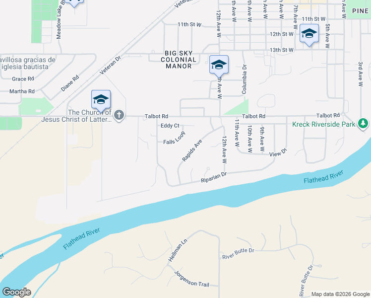 map of restaurants, bars, coffee shops, grocery stores, and more near 1512 Falls Loop in Columbia Falls