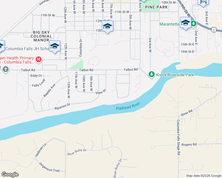 map of restaurants, bars, coffee shops, grocery stores, and more near 644 Zephyr Court in Columbia Falls