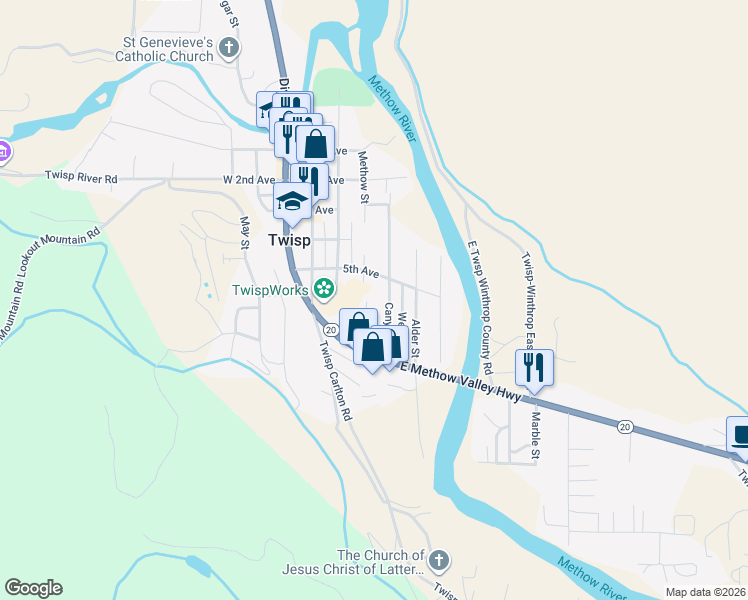 map of restaurants, bars, coffee shops, grocery stores, and more near 503 Canyon Street in Twisp