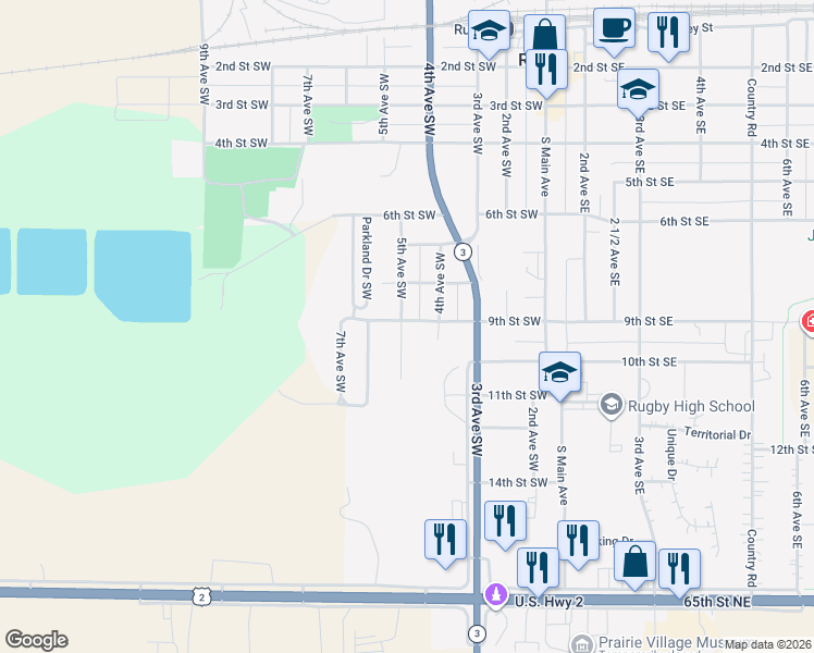 map of restaurants, bars, coffee shops, grocery stores, and more near 900-910 5th Avenue Southwest in Rugby