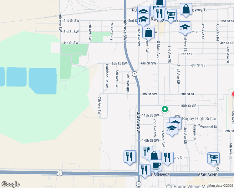map of restaurants, bars, coffee shops, grocery stores, and more near 900 5th Avenue Southwest in Rugby