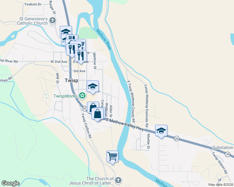 map of restaurants, bars, coffee shops, grocery stores, and more near 314 Bridge Street in Twisp