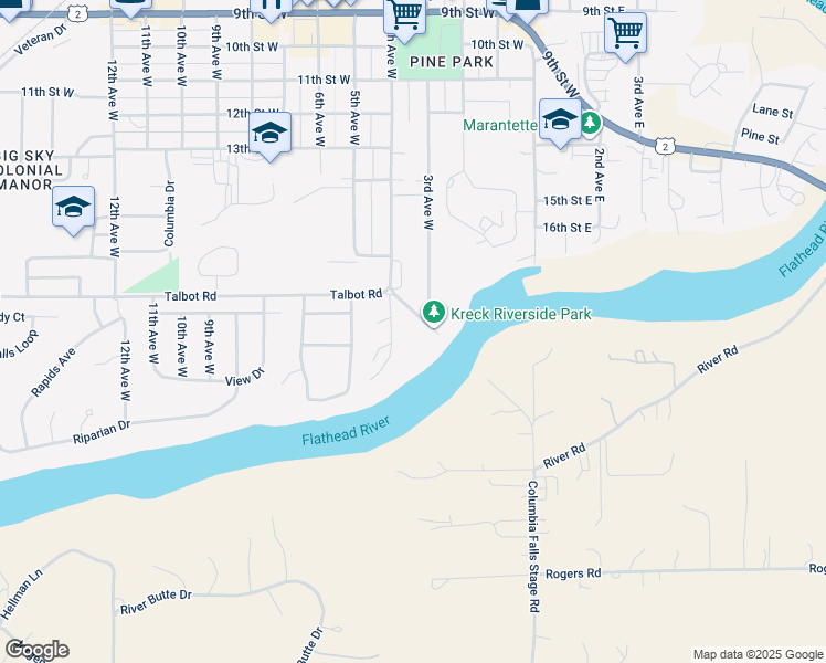 map of restaurants, bars, coffee shops, grocery stores, and more near 530 Talbot Road in Columbia Falls