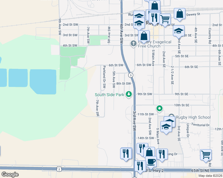 map of restaurants, bars, coffee shops, grocery stores, and more near 8th Street Southwest in Rugby