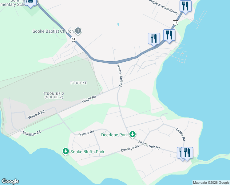 map of restaurants, bars, coffee shops, grocery stores, and more near 1740 Whiffin Spit Road in Sooke