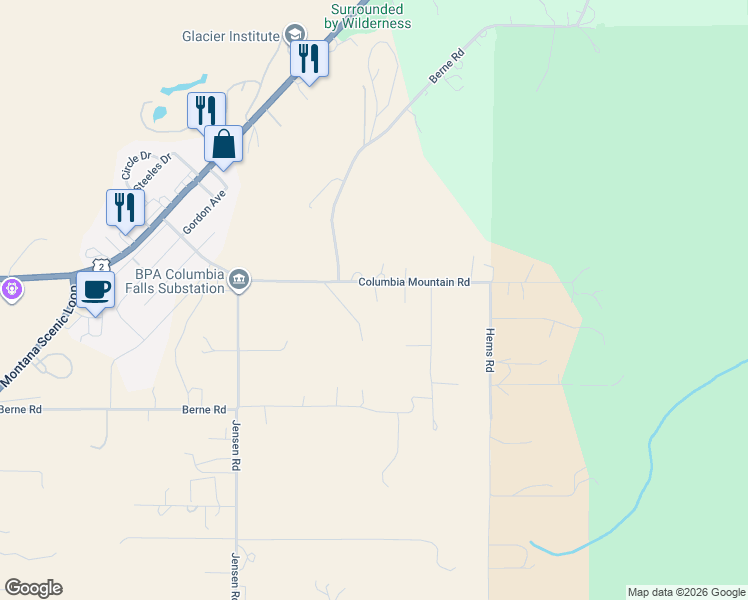 map of restaurants, bars, coffee shops, grocery stores, and more near 1060 Columbia Mountain Road in Columbia Falls