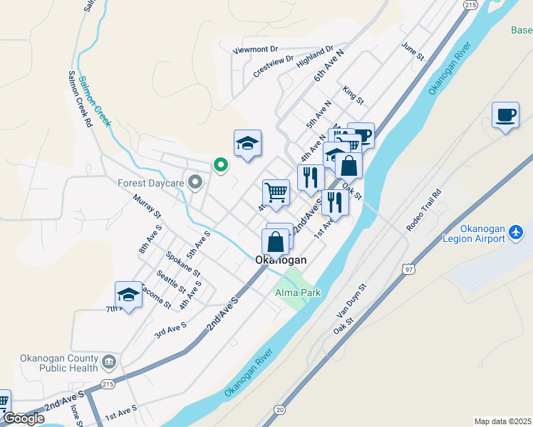 map of restaurants, bars, coffee shops, grocery stores, and more near 338 Spruce Street in Okanogan