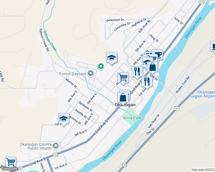 map of restaurants, bars, coffee shops, grocery stores, and more near 435 5th Avenue South in Okanogan