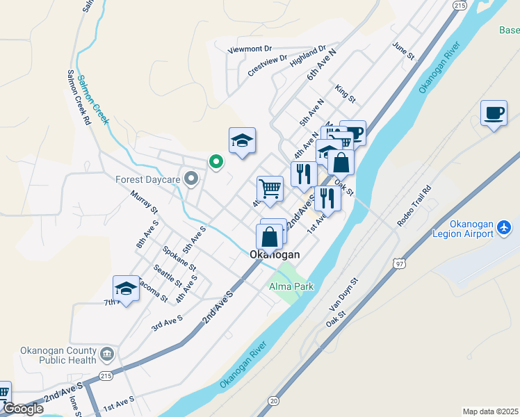 map of restaurants, bars, coffee shops, grocery stores, and more near 338 Spruce Street in Okanogan