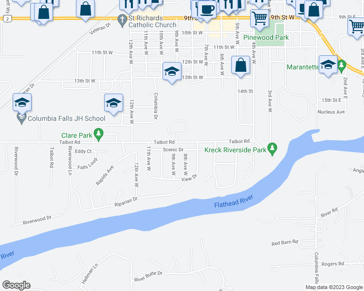 map of restaurants, bars, coffee shops, grocery stores, and more near 809 Scenic Drive in Columbia Falls