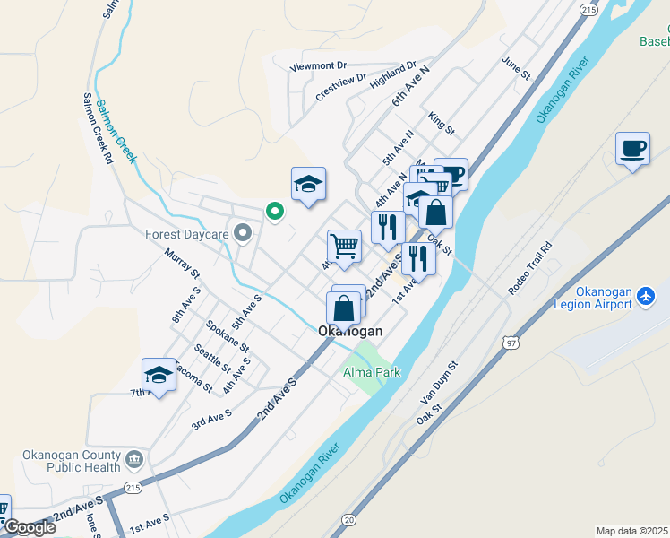 map of restaurants, bars, coffee shops, grocery stores, and more near 327 4th Avenue South in Okanogan