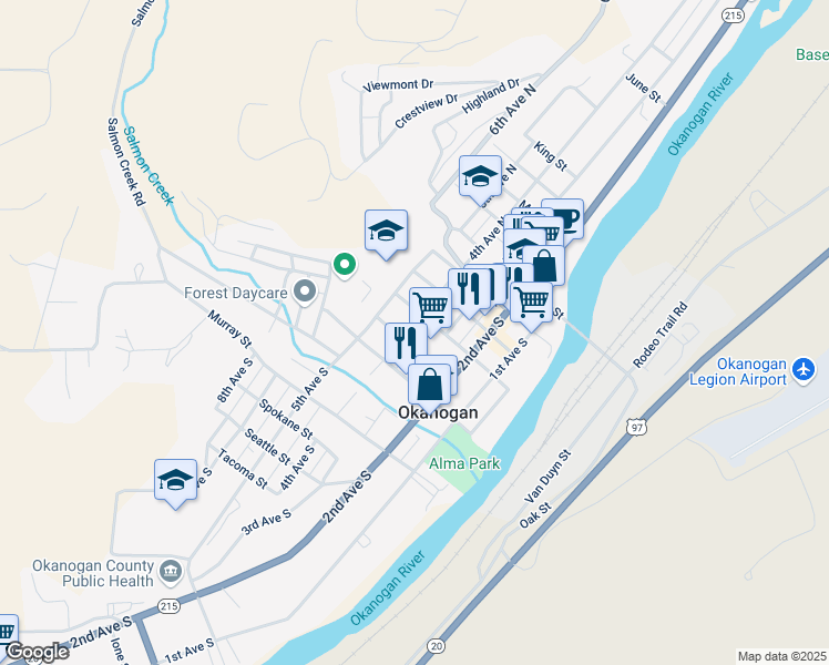 map of restaurants, bars, coffee shops, grocery stores, and more near 327 4th Avenue South in Okanogan