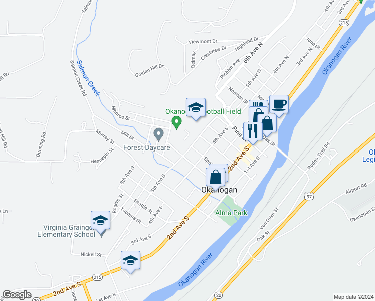 map of restaurants, bars, coffee shops, grocery stores, and more near 435 5th Avenue South in Okanogan