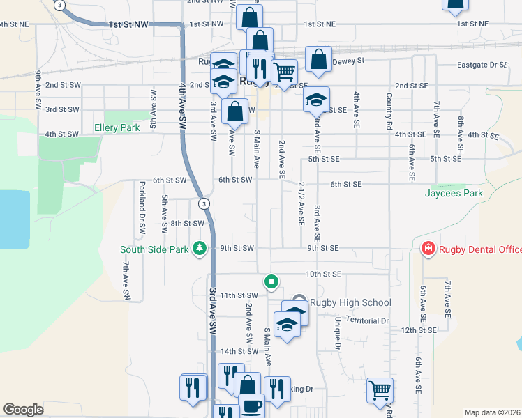 map of restaurants, bars, coffee shops, grocery stores, and more near 701-899 S Main Ave in Rugby