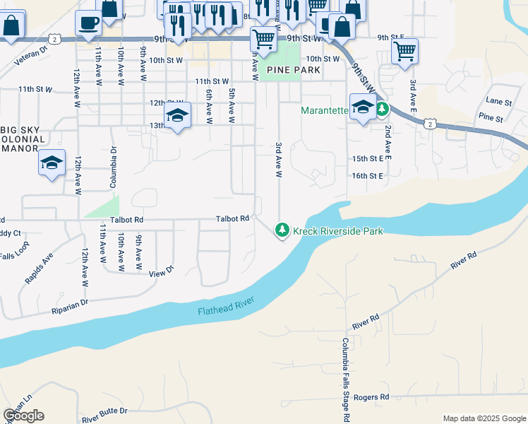 map of restaurants, bars, coffee shops, grocery stores, and more near 530 Talbot Rd in Columbia Falls