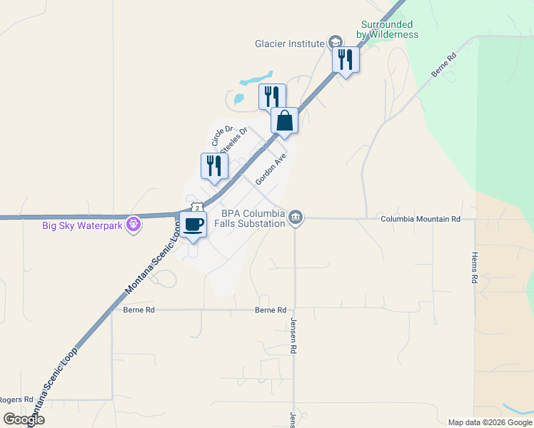 map of restaurants, bars, coffee shops, grocery stores, and more near 1060 Columbia Mountain Road in Columbia Falls