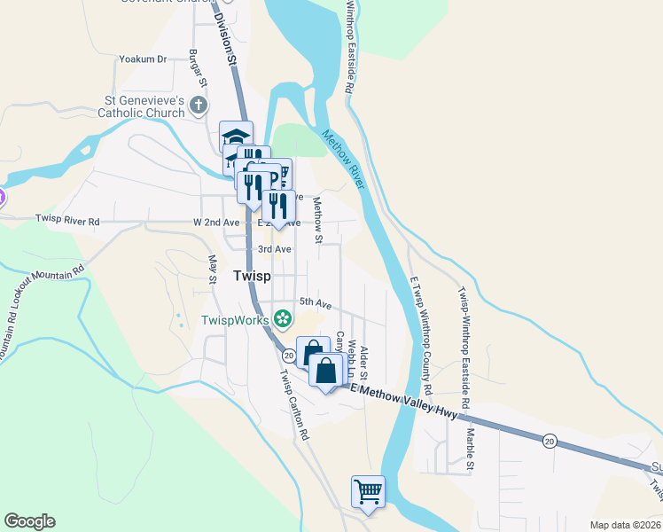 map of restaurants, bars, coffee shops, grocery stores, and more near 209 Canyon Street in Twisp
