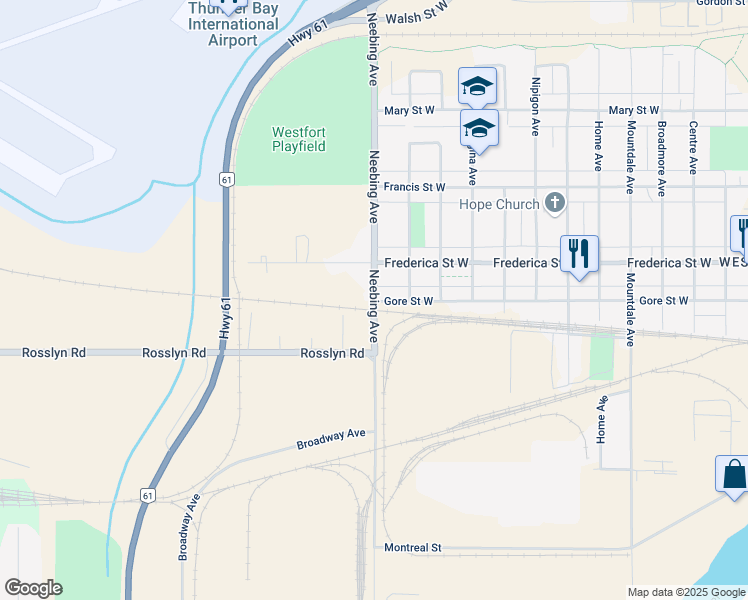 map of restaurants, bars, coffee shops, grocery stores, and more near 1512 Neebing Ave in Thunder Bay