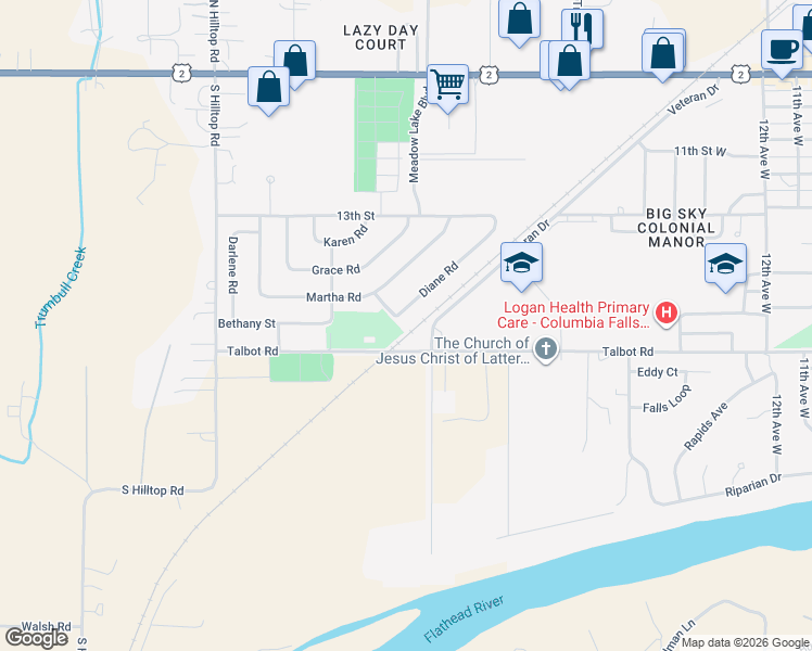map of restaurants, bars, coffee shops, grocery stores, and more near 22 Diane Road in Columbia Falls