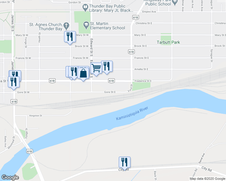 map of restaurants, bars, coffee shops, grocery stores, and more near 157 Gore Street East in Thunder Bay