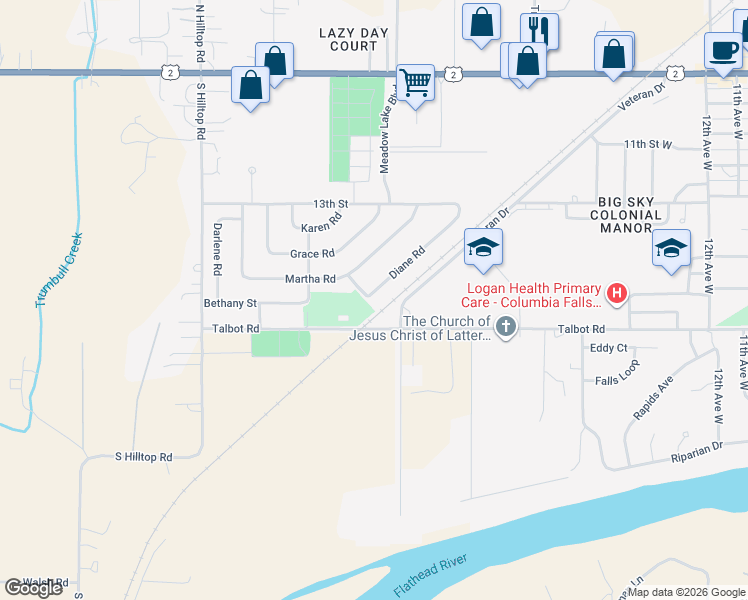 map of restaurants, bars, coffee shops, grocery stores, and more near 22 Diane Road in Columbia Falls