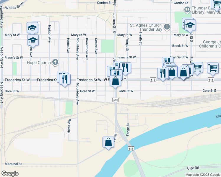 map of restaurants, bars, coffee shops, grocery stores, and more near 511 Gore Street West in Thunder Bay