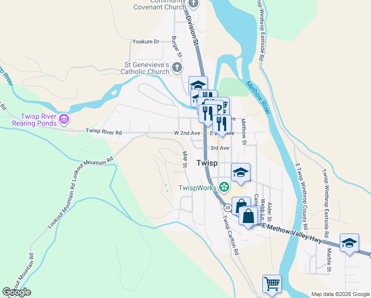 map of restaurants, bars, coffee shops, grocery stores, and more near 296 May Street in Twisp