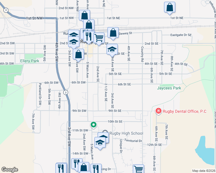 map of restaurants, bars, coffee shops, grocery stores, and more near 230-298 6th St SE in Rugby