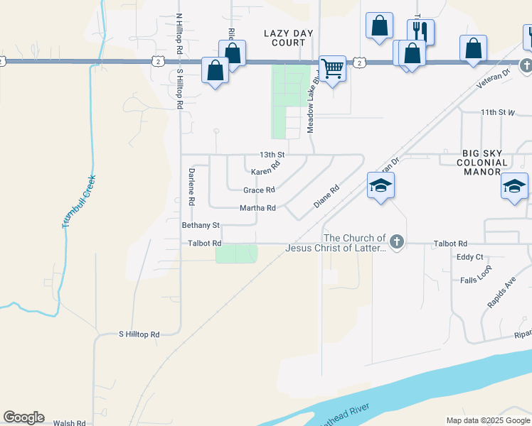 map of restaurants, bars, coffee shops, grocery stores, and more near 26 Martha Road in Columbia Falls