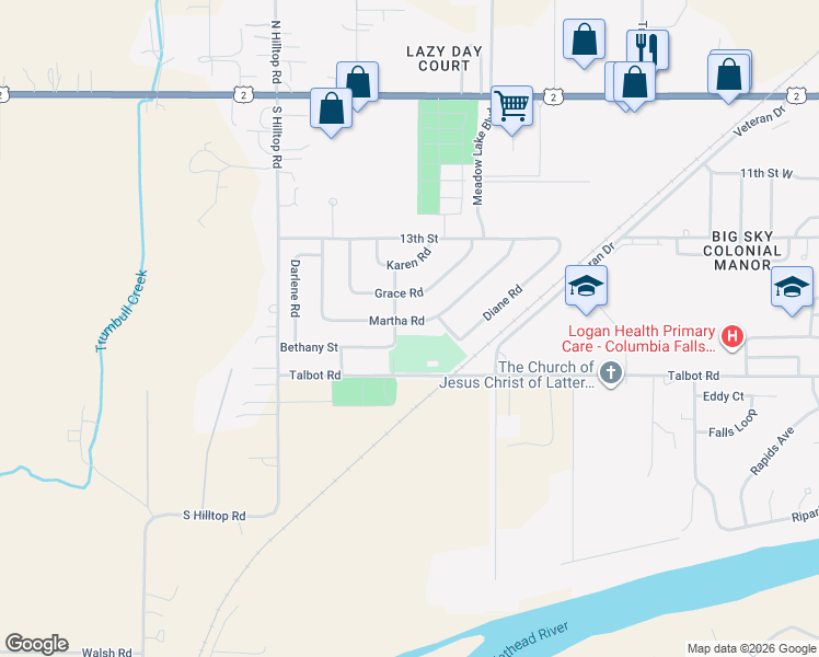 map of restaurants, bars, coffee shops, grocery stores, and more near 9 Beth Road in Columbia Falls