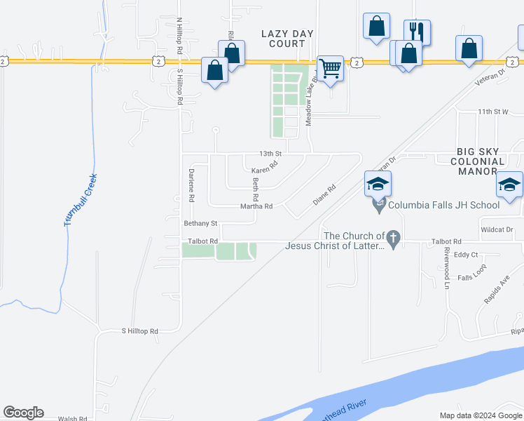 map of restaurants, bars, coffee shops, grocery stores, and more near 9 Beth Road in Columbia Falls