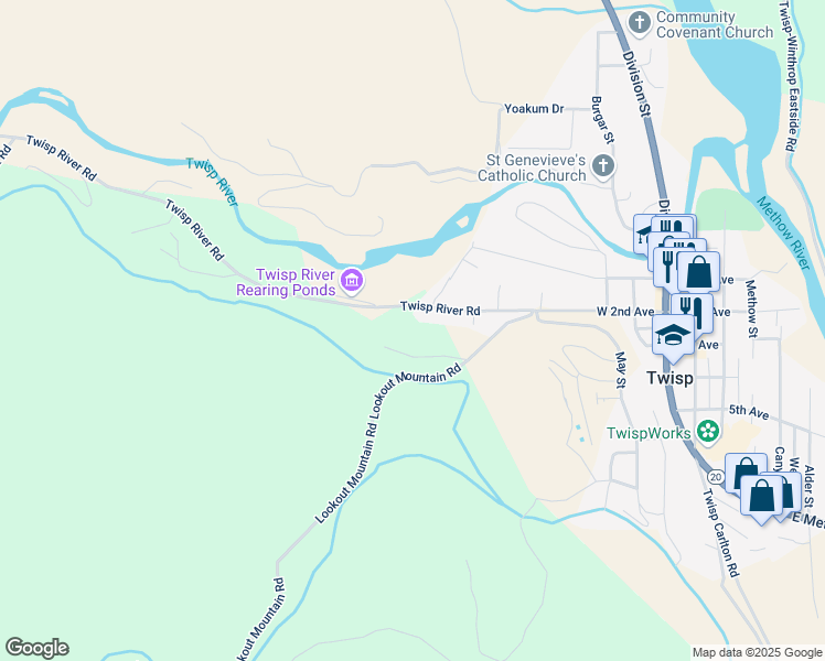map of restaurants, bars, coffee shops, grocery stores, and more near 605 West 2nd Avenue in Twisp