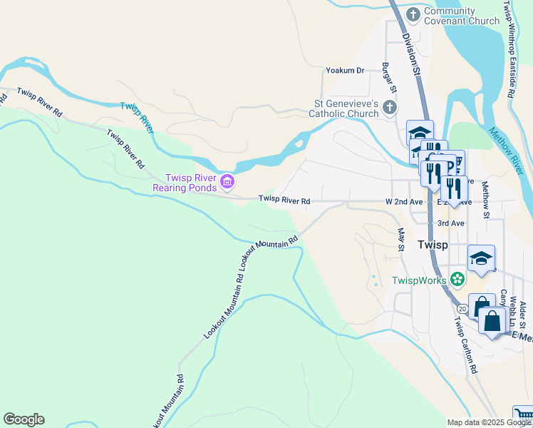 map of restaurants, bars, coffee shops, grocery stores, and more near 605 West 2nd Avenue in Twisp