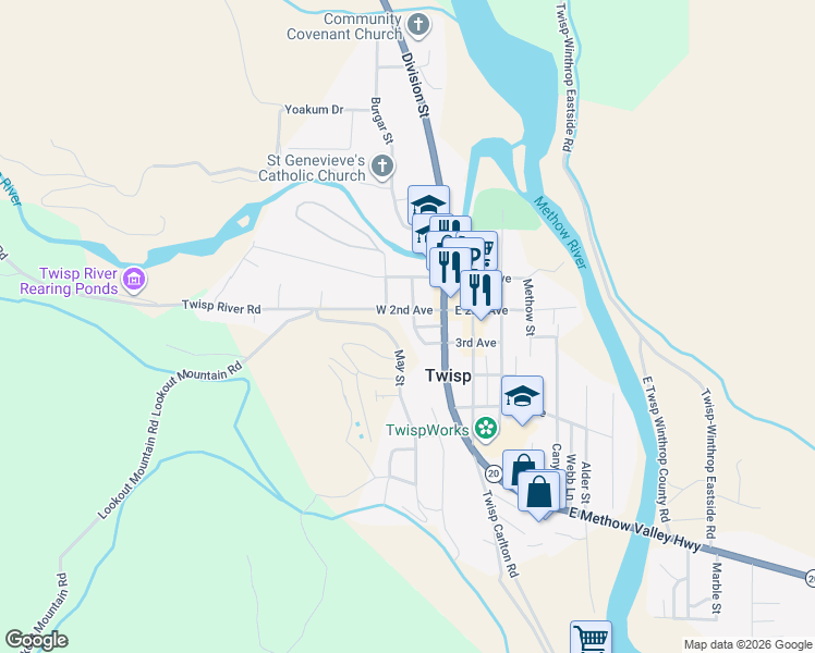 map of restaurants, bars, coffee shops, grocery stores, and more near 296 May Street in Twisp