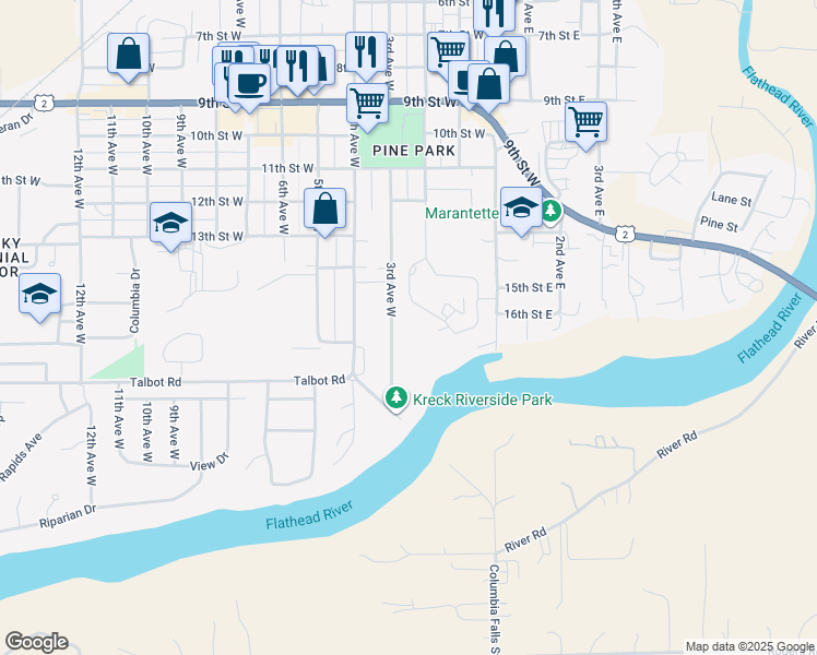 map of restaurants, bars, coffee shops, grocery stores, and more near 1627 3rd Ave W in Columbia Falls