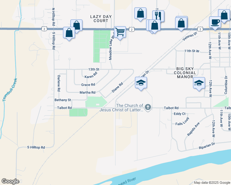 map of restaurants, bars, coffee shops, grocery stores, and more near 295 Veteran Drive in Columbia Falls