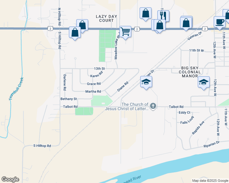 map of restaurants, bars, coffee shops, grocery stores, and more near 22 Diane Road in Columbia Falls