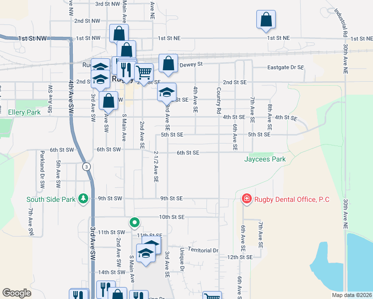 map of restaurants, bars, coffee shops, grocery stores, and more near 300-398 6th Street Southeast in Rugby