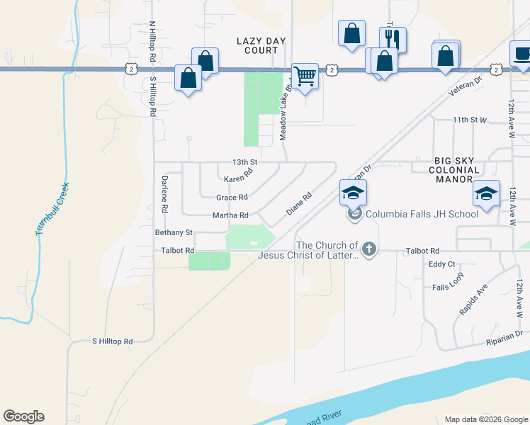 map of restaurants, bars, coffee shops, grocery stores, and more near 20 Martha Road in Columbia Falls