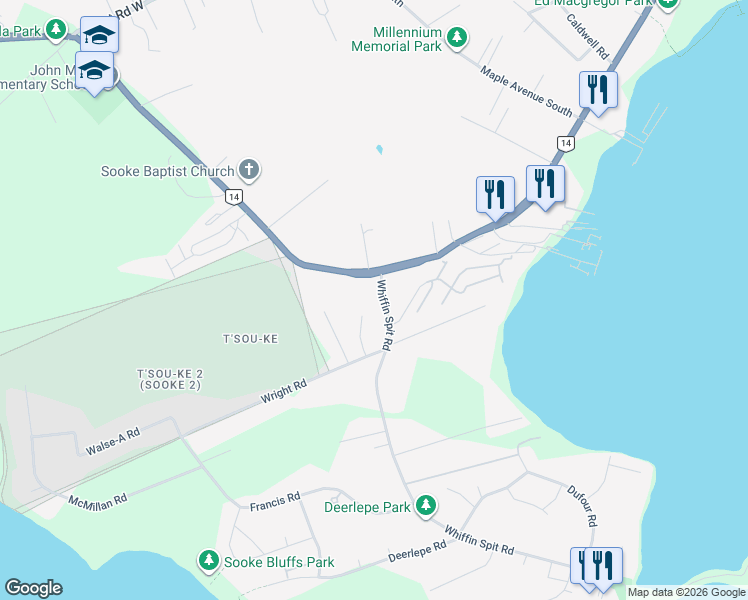 map of restaurants, bars, coffee shops, grocery stores, and more near 1786 Whiffin Spit Road in Sooke