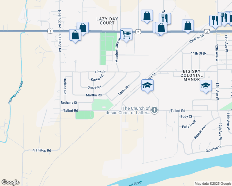 map of restaurants, bars, coffee shops, grocery stores, and more near 22 Diane Road in Columbia Falls