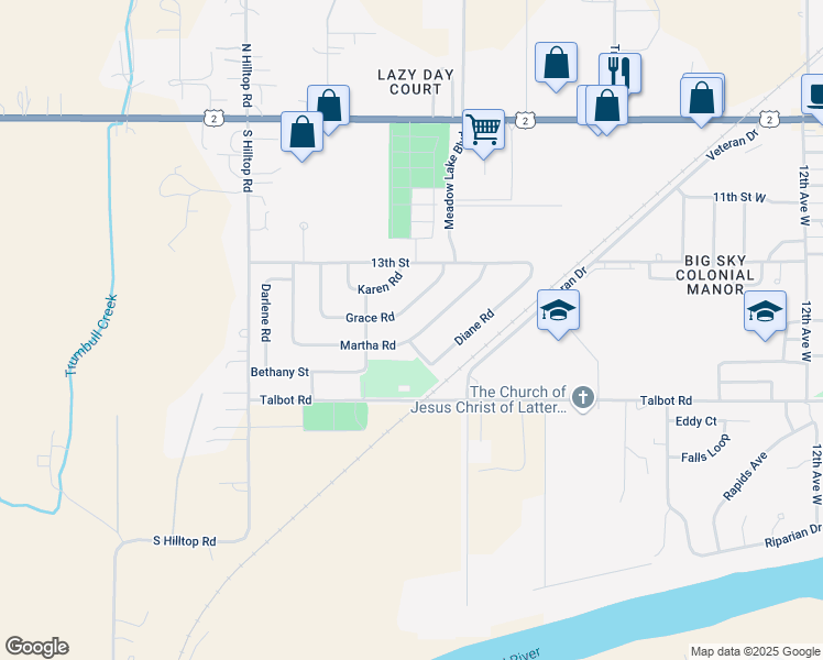 map of restaurants, bars, coffee shops, grocery stores, and more near 20 Martha Road in Columbia Falls