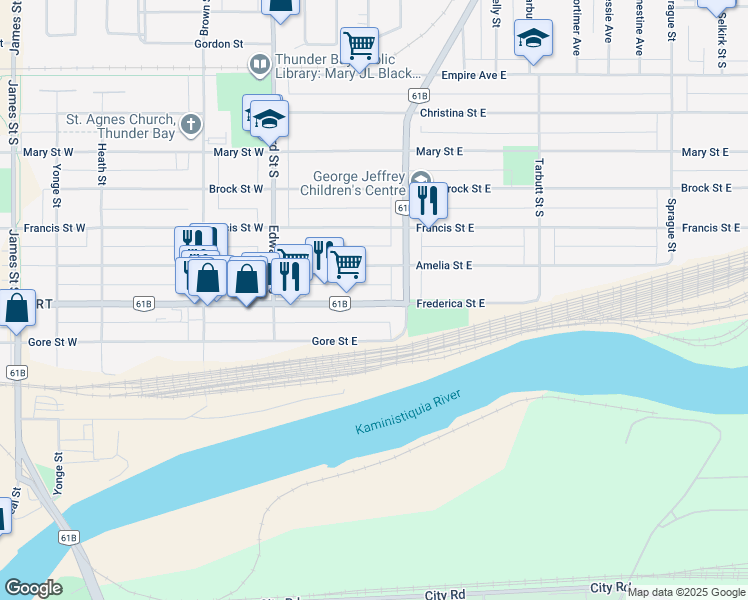 map of restaurants, bars, coffee shops, grocery stores, and more near 187 Gore Street East in Thunder Bay