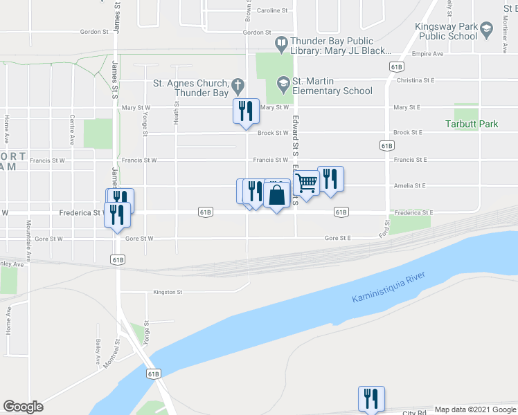 map of restaurants, bars, coffee shops, grocery stores, and more near 201 Frederica Street West in Thunder Bay