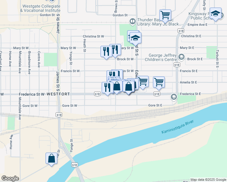 map of restaurants, bars, coffee shops, grocery stores, and more near 201 Frederica Street West in Thunder Bay