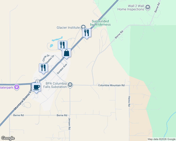 map of restaurants, bars, coffee shops, grocery stores, and more near 1188 Berne Road in Columbia Falls