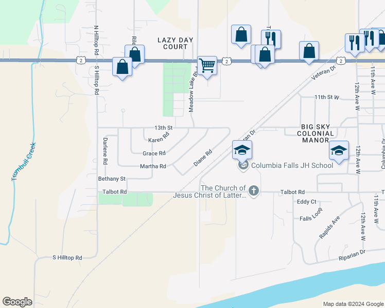 map of restaurants, bars, coffee shops, grocery stores, and more near 9 Martha Road in Columbia Falls